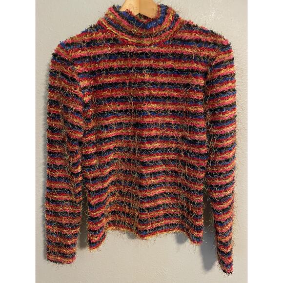 Cache Sweater Womens Large Multicolor Fuzzy Stripe Mock Neck Pullover Made USA - Picture 1 of 7